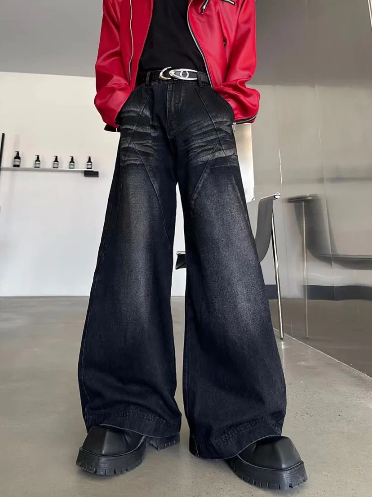 2025 Cyber Y2K Dark Streetwear Washed Black Baggy Flared Jeans Pants For Men Clothing Wide Leg Cotton Long Trousers Moda Hombre