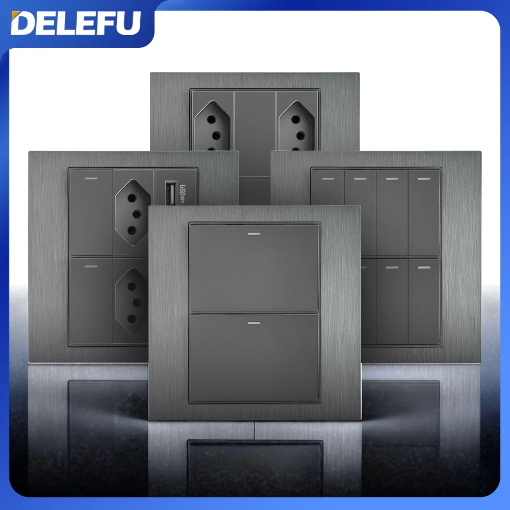 DELEFU 4x4 Aluminium Wire Panel Brazil Standard Outlet Double USB Type C Wall Power Socket Light Switch Office Grey 10A 20A