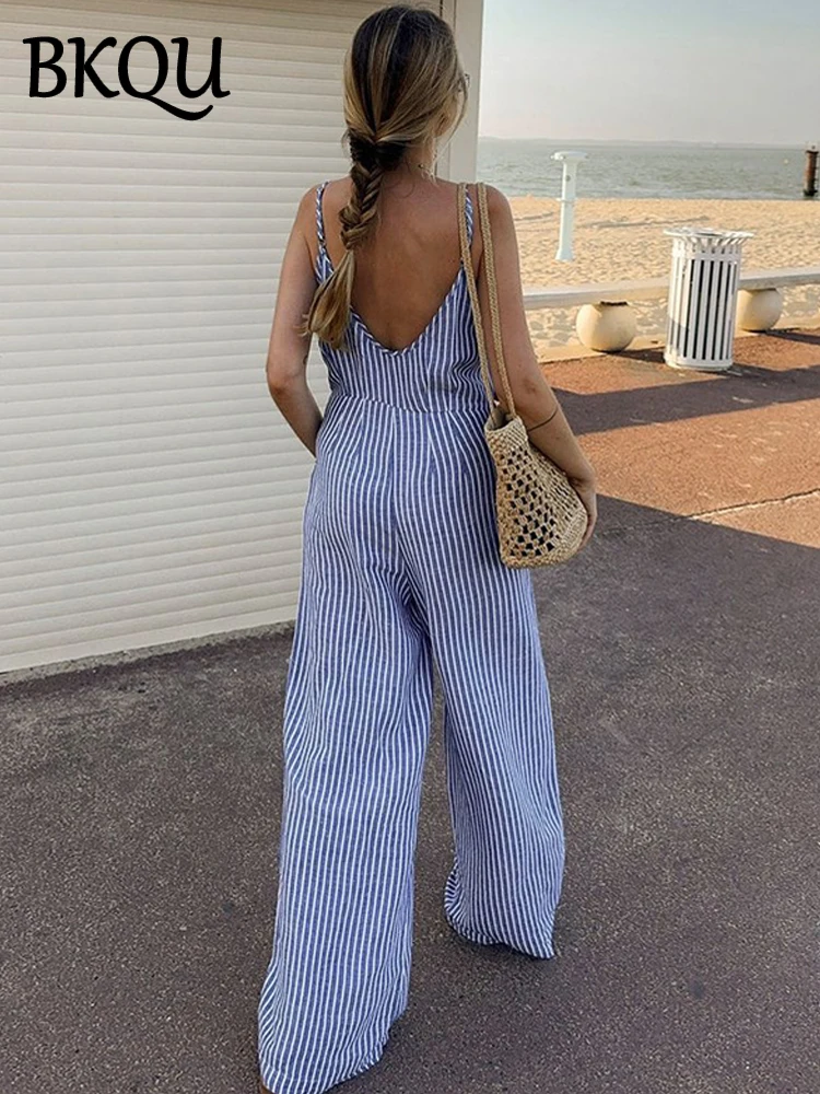 BKQU Striped Jumpsuit Women Summer Sexy Backless Spaghetti Strap Wide Leg One Piece V-neck Playsuits 2024 Holiday Overalls