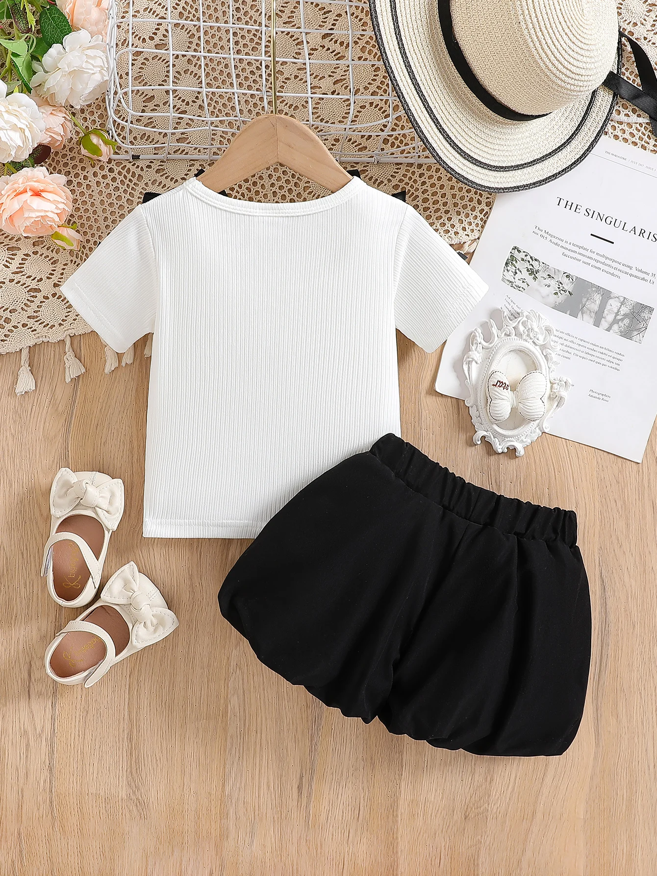 Baby Girls Summer Sweet & Trendy Round Neck White Ribbed Short Sleeve Top with Ribbon Bow Decor and Black Puffy Pants Outfit Set