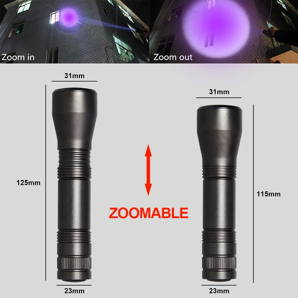 UV Flashlight 395nm Black Light Flashlights Zoomable UV Torch Ultra Violet Light Flashlights Blacklight Flashlight 18650