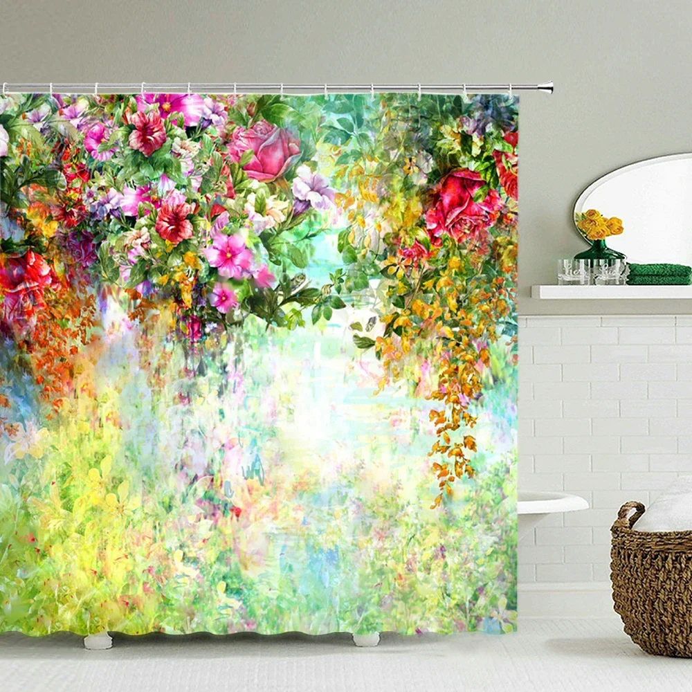Colorful Tulip Rose Flowers Trees Shower Curtain Bathroom Curtains Nature Flower Waterproof Polyeste Fabric Bathtub Decorate
