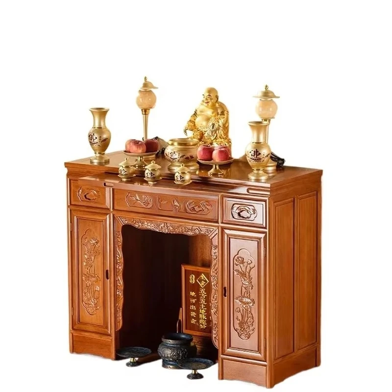 yjq New Chinese Shrine Buddha Statue God of Wealth Cabinet Solid Wood Noble and Mortise Structure