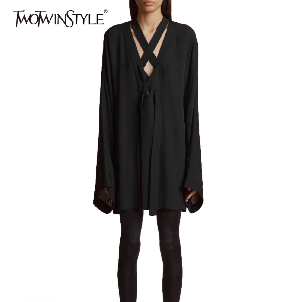 

TWOTWINSTYLE Solid Loose Spliced Sheer Elegant T Shirts for Women V Neck Long Sleeves Patchwork Hollow Out Top Female Fashion