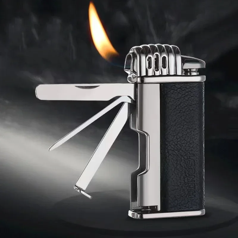 HONEST Upscale Genuine Leather Metal Gas Cigar Lighter Oblique Out Open Flame Pipe Dedicated Cigarette Lighter Men's Gift