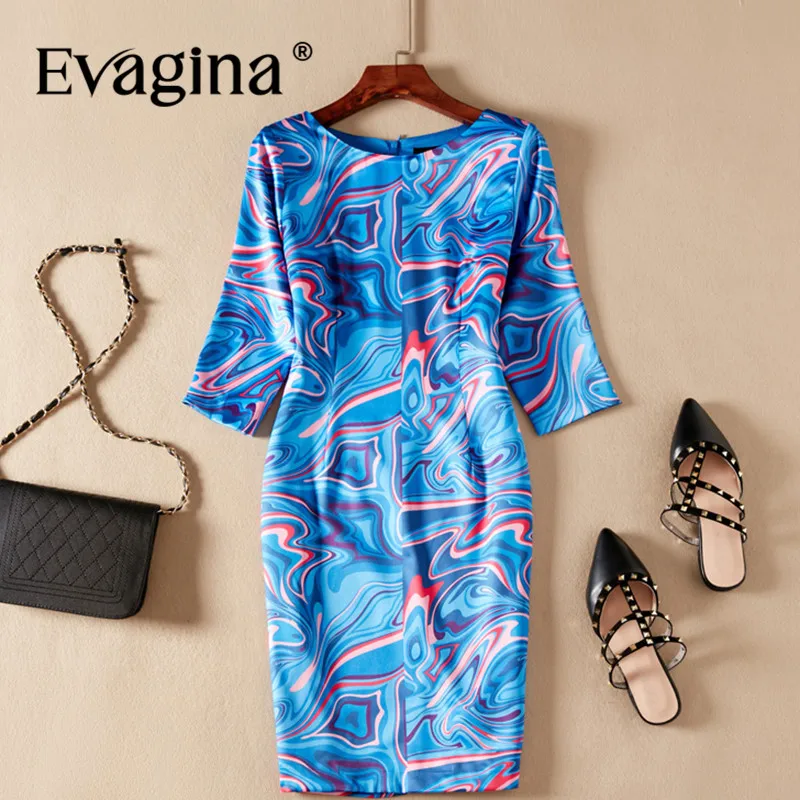 

Evagina Spring Summer Women's Dress Three Quarter Sleeve Elegant Print Commuter Blue Office Lady Dresses