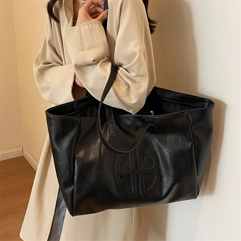 Chic Large Capacity Women's Tote Bag - Casual Vintage Soft Faux Leather, Versatile Solid Color Shoulder Handbag with Zip Closure