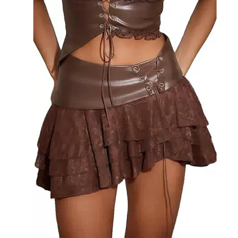 2026 New Women's PU Leather Asymmetrical Layered Y2K Lace Mini Skirt Outer Waist Bandage Sexy Summer Short Skirt