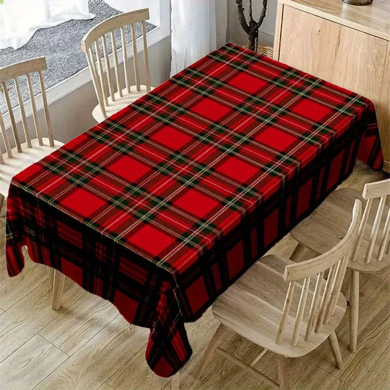Classic Tartan Tablecloth, Red Base With Vintage Plaid Line Graphics, Rectangular Table Cover for Warm Family Table Party Decor