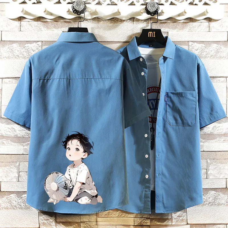 

Мужская свободная рубашка с коротким рукавом в корейском стиле, тонкая, летняя, модная, дышащая, из полиэфирного волокна, синего цвета