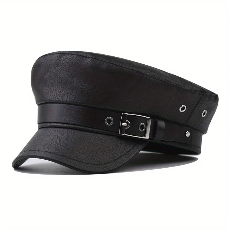 

Pu Leather Duckbill Octagonal Hat Street Fashion Side Leather Buckle Trend Beret Winter Outdoor Windproof and Warm Flat Top Hat