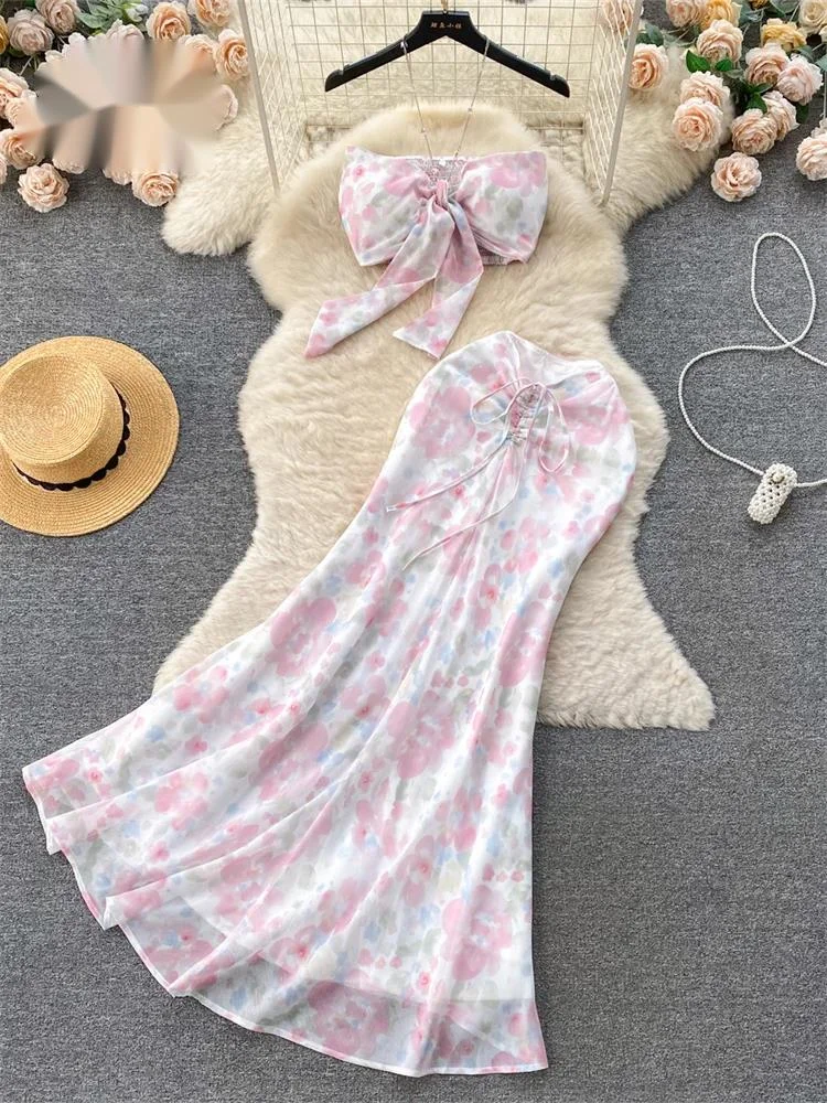 

Отпускной пляжный стиль, костюмы из двух предметов, без бретелек, цепочка с лямкой на шее, мини-майка + облегающая юбка «рыбий хвост», модные сексуальные комплекты с цветочным принтом