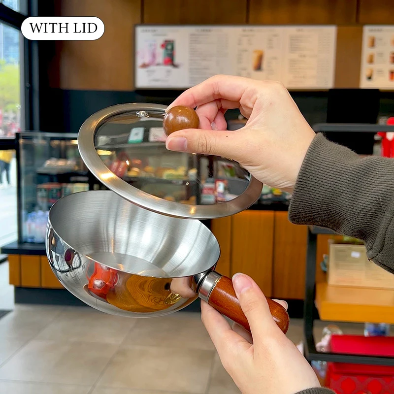 And Heating Milk. Made Of Stainless S Stainless Steel Milk PotWith Wooden Handle, Compact Cooking Pot, Suitable For Frying Eggs