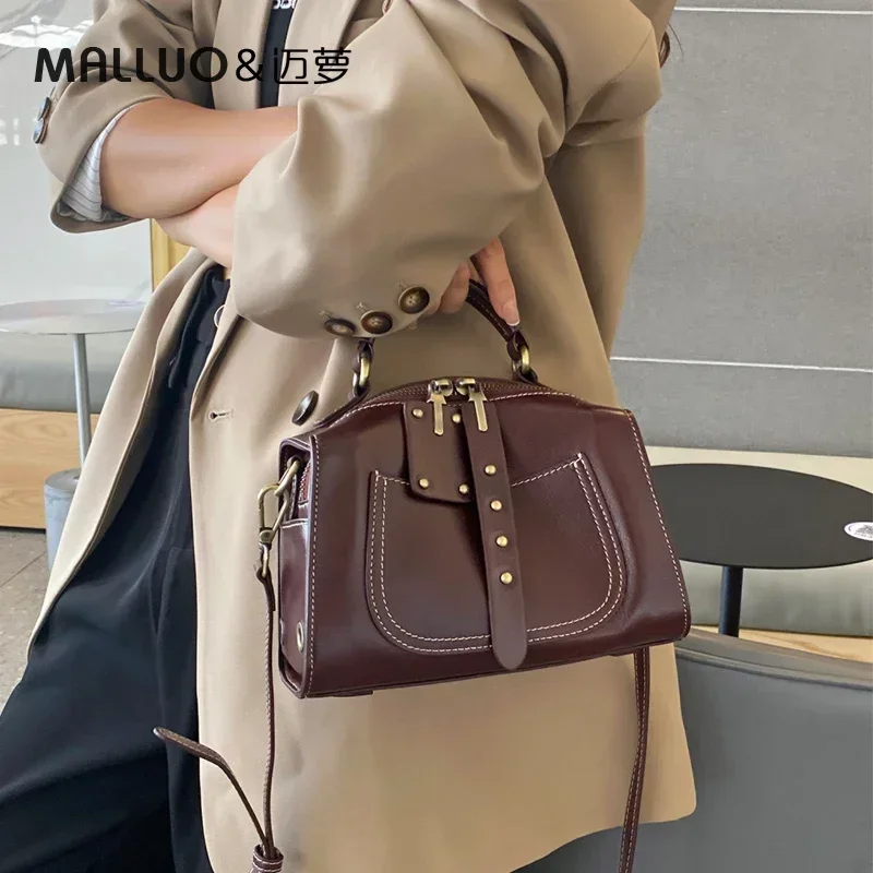 

Ladies Cow Leather Crossbody Bag Women's Retro Designer Luxury Shoulder Handbags Female Real Cowhide Commuting Boston Pillow Bag