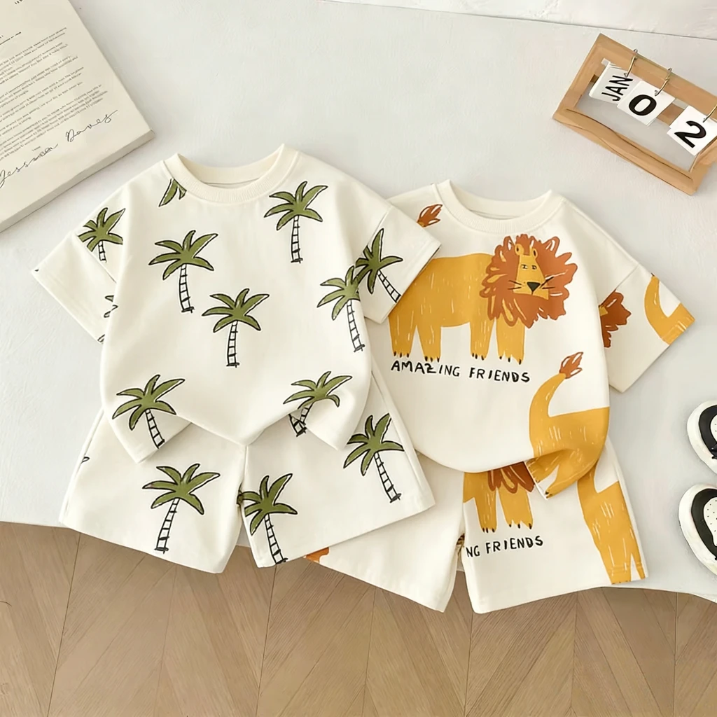Toddler Summer Cartoon Short Sleeve Set Boys Girls Cotton Animal Print Loungewear Cute Lion Giraffe And Palm Tree Two Piece Set