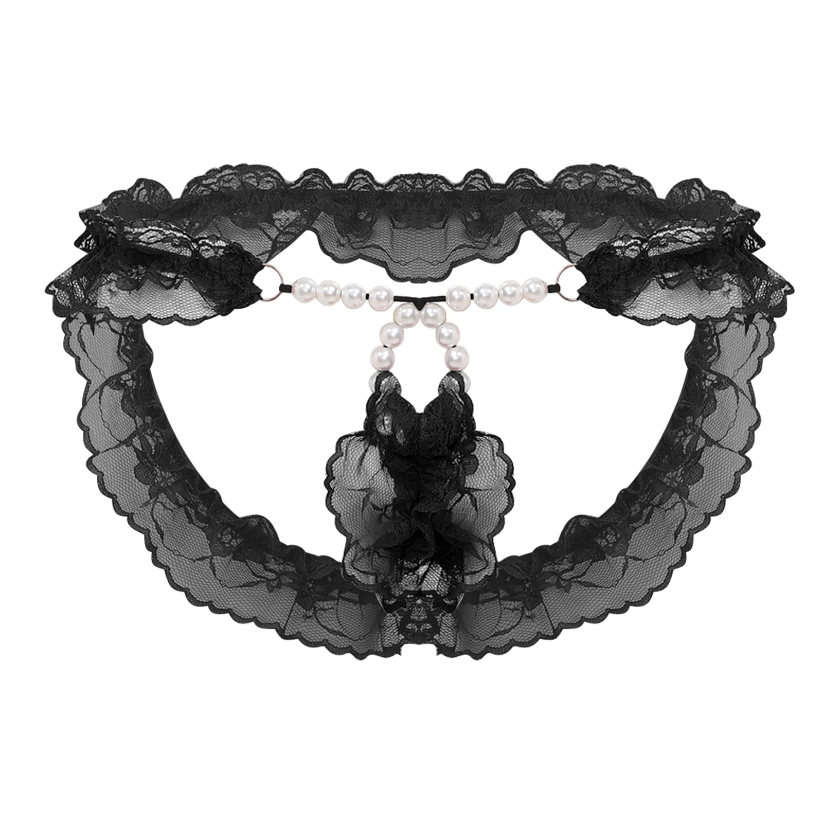 

Mens Sheer Lace Thong Briefs Cutout Crotch with Faux Pearl Showing Butt G-string Underwear Female Tempting Panties Lingerie