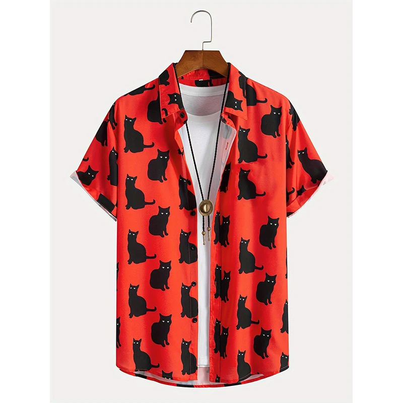 Summer Allover Cat Print Shirt Men\'s Casual Short Sleeve Hawaiian Casual Button Lapel Shirt For Summer Men Clothing Streetwear