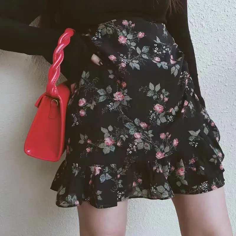Vintage Floral Chiffon Ruffles A-line Skirt Summer Thin All-match Youth High Waist Elegant Skirts Fashion Sweet Women Clothing