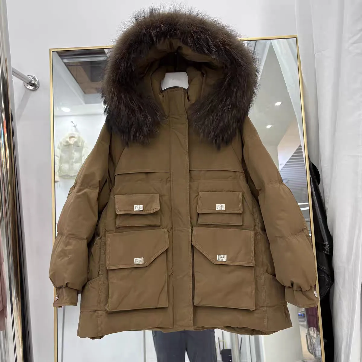 Winter Hooded Natural Large Fur Collar Down Jacket Female Zipper Warm Jackets Women White Duck Down Multi Pocket Parker Outwears