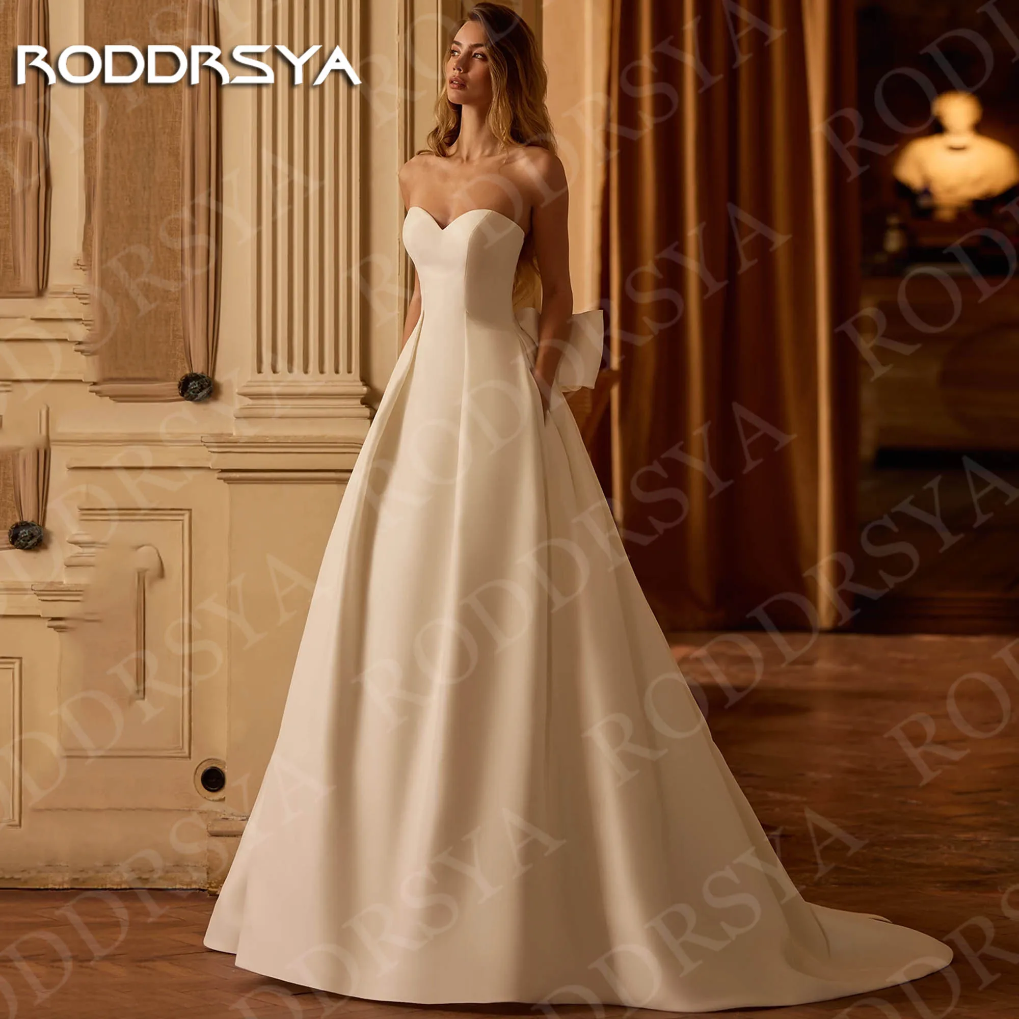 Roddrsya clássico vestidos de casamento cetim vestidos de noiva sem alças mulher querida pescoço uma linha vestido de noiva com bolsos personalizados Vestidos de noiva clássicos cetim vestidos de noiva sem alças mulher