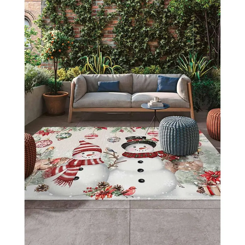 

Winter Snowman 5x8 ft Outdoor Patio Rug, Indoor-Outdoor Area Carpet for Deck, Backyard, Porch - Christmas Elk Animal Linen Decor