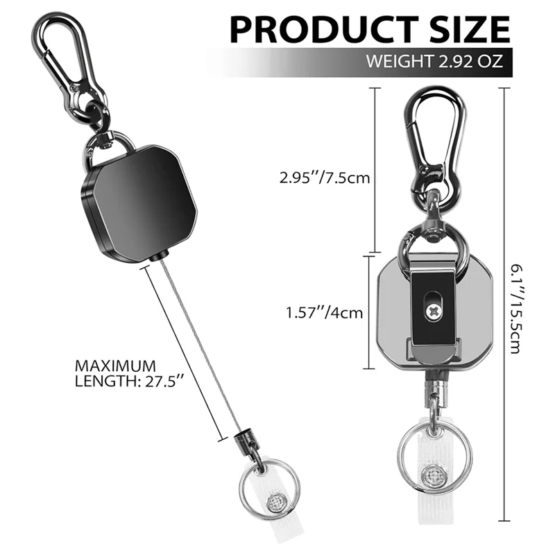 B68A Retractable Keychain Key Chain Heavy Duty Metal ID Badge Holder Key Reel, Carabiner Keychain With Belt Clip, 27.5Inch Steel