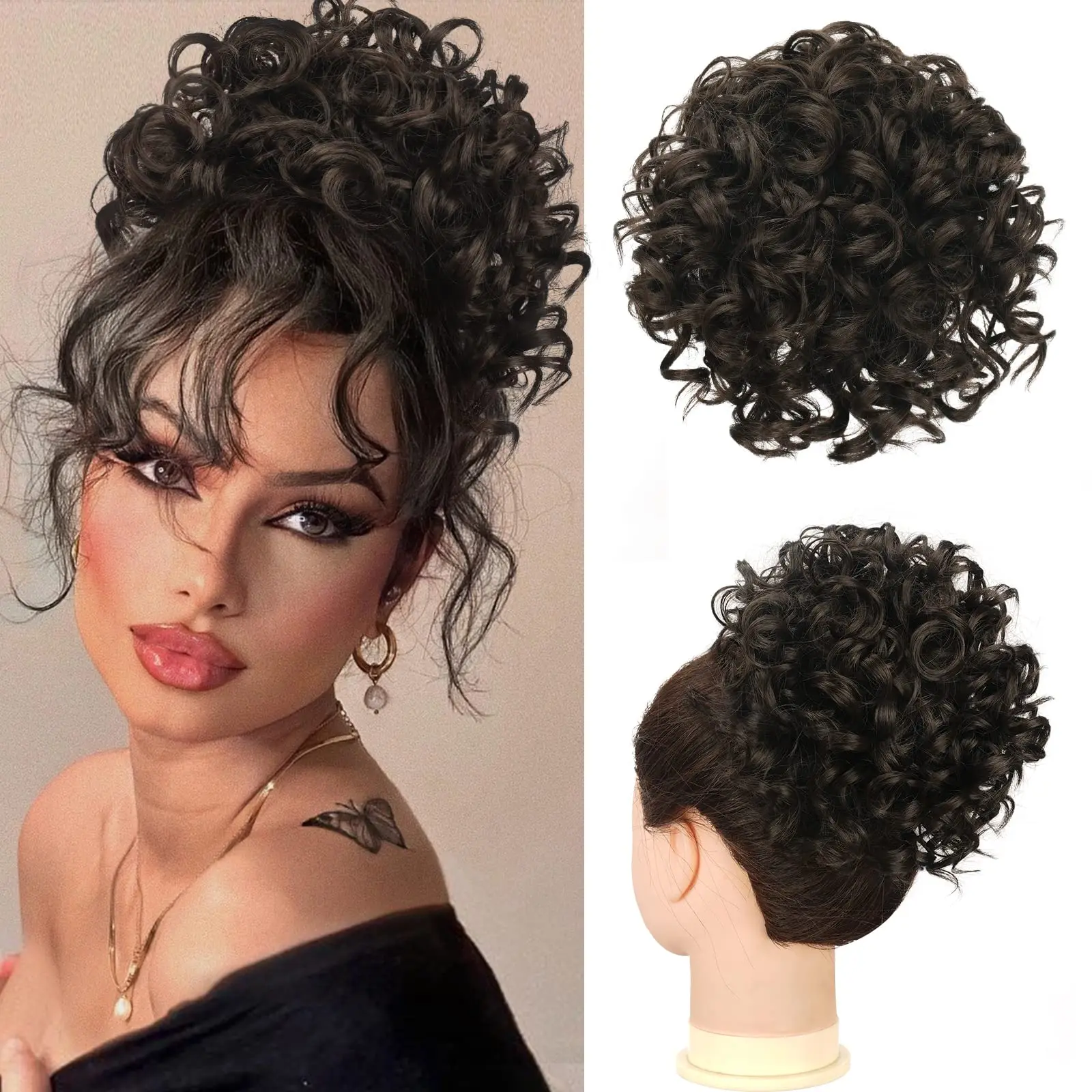 Messy Hair Bun Elastic Drawstring Loose Wave Curly Ponytail Extension Synthetic Hair Chignon For Women Daily Use Dark Brown