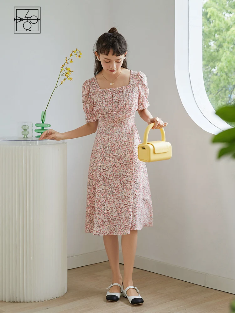 

ZIQIAO Casual Dress2021 Summer Dress Square Neck Puff Sleeve Dress Small Floral Vintage Dress Women Clothing French Style