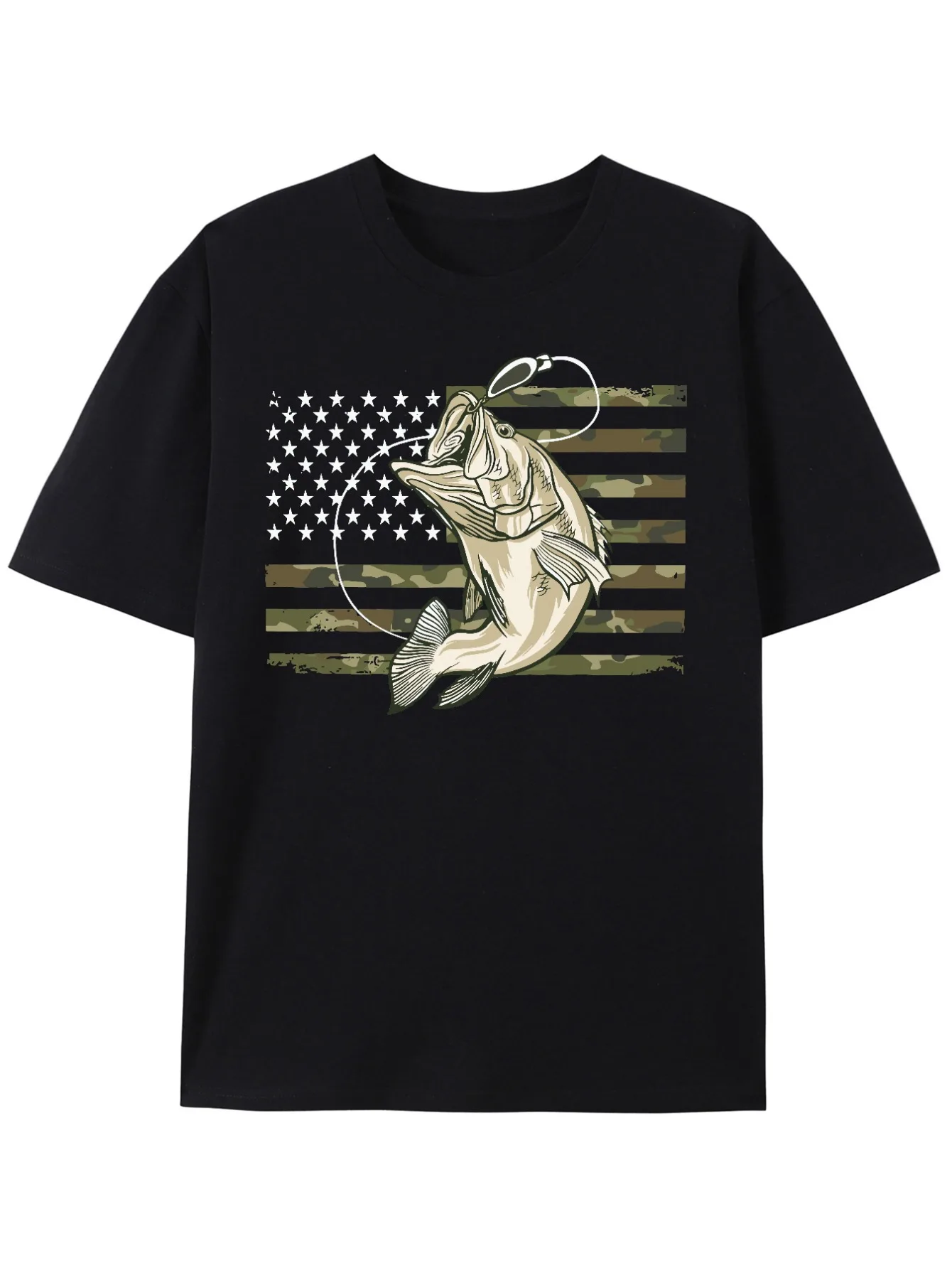 

American Flag & Bass Fish Camo Tee - Cotton T-Shirt with Patriotic Design, Breathable & Machine Washable for All Seasons