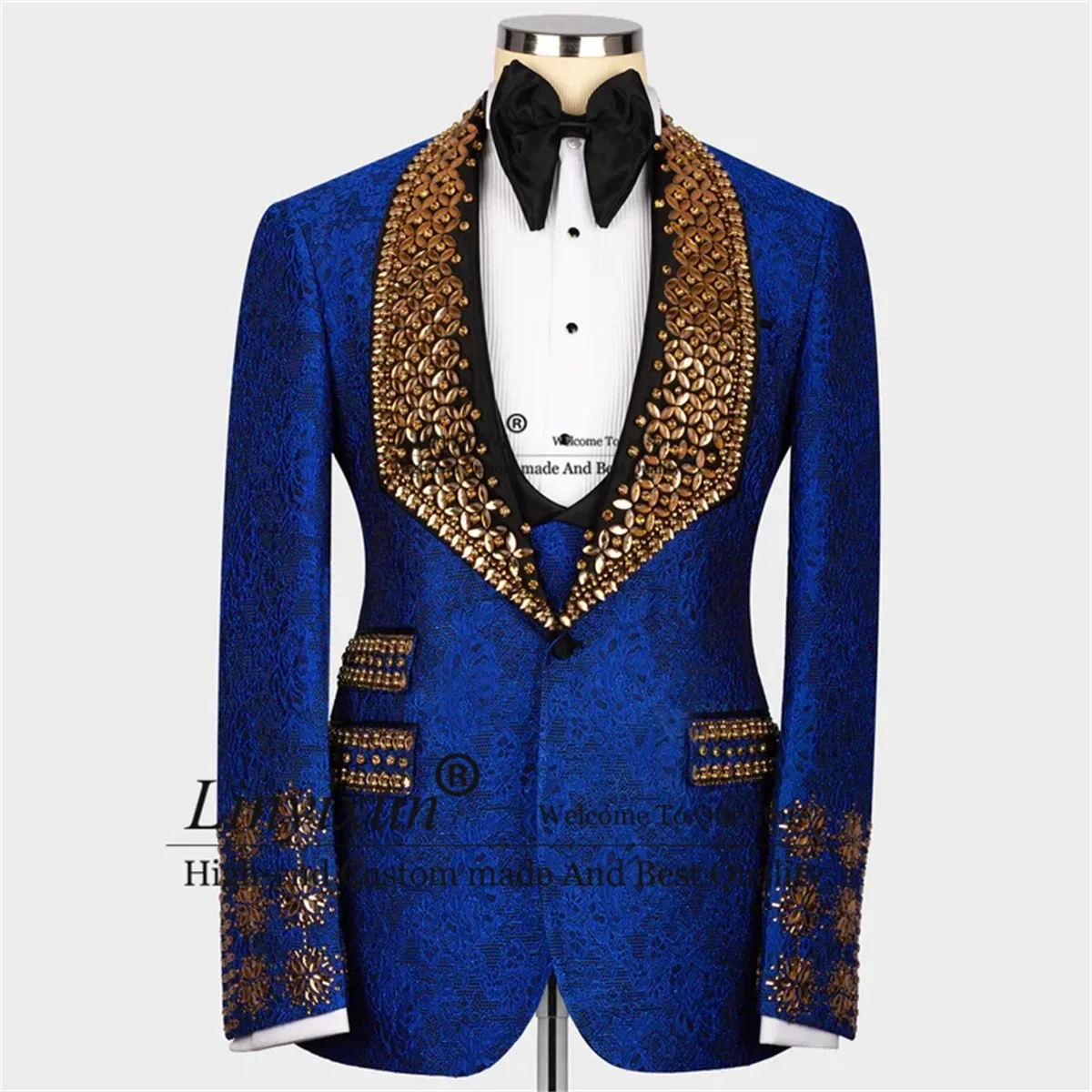 God Gem Stones Tuxedos Men Suits 3 Pieces Sets Groom Wedding Male Prom Blazer Luxury Crystal Slim Fit Blue Special Costume Homme