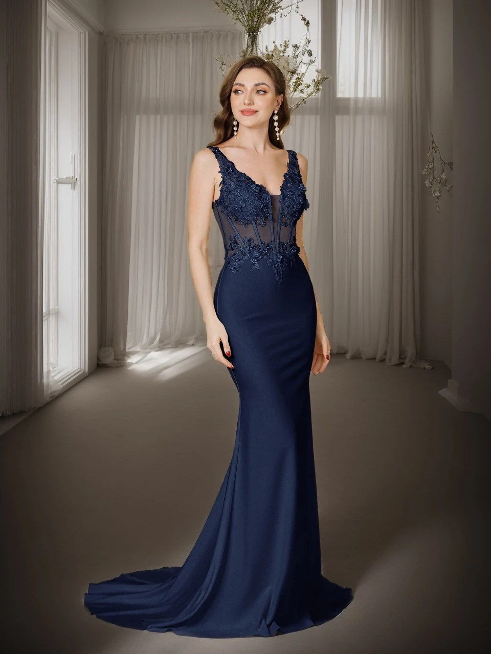 

BABYONLINE Mermaid Evening Dresses Sexy Illusion Fishbone Lace Appliques V-Neck Backless Formal Gowns Maxi Train Wedding Dress