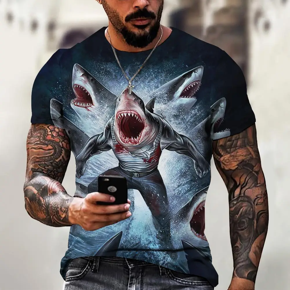 2024 Men's T-Shirts Vintage Shark T-Shirts Oversized Clothing Summer Short Sleeve Tops Street Boy Tees Pullover Men's Shirts