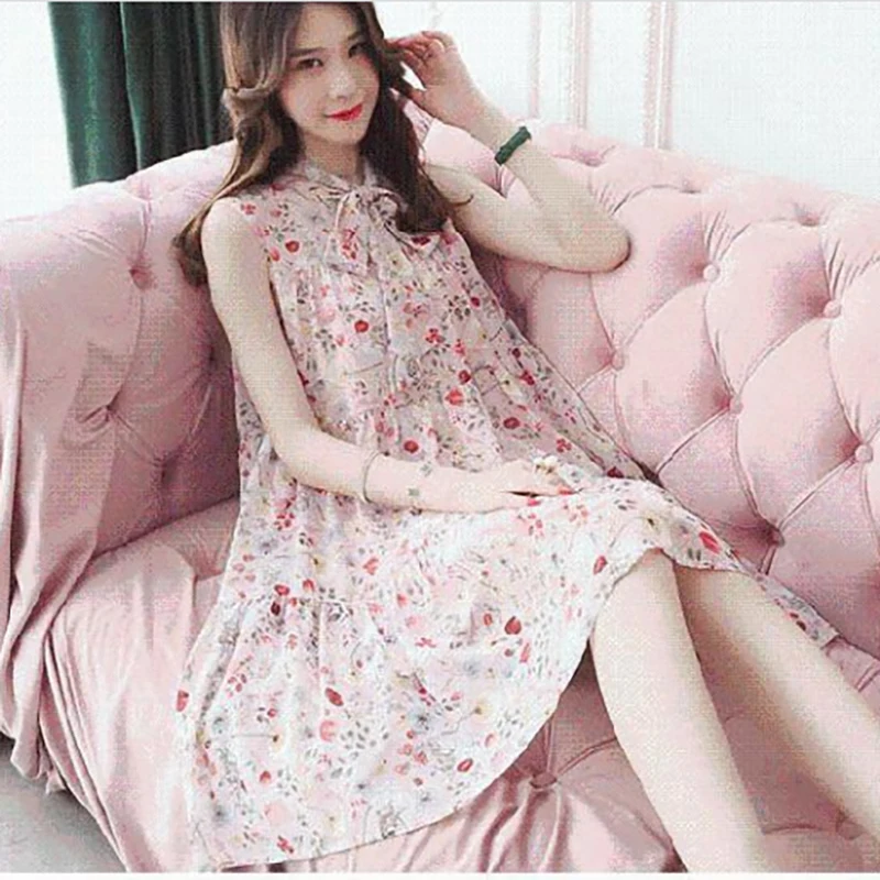 Fashion V-Neck Lace Up Bow Printed Sweet Sleeveless Dress Female Clothing 2024 Summer New Loose Korean Chiffon Floral Dress