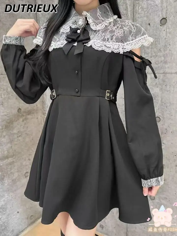 

Spring Autumn Women's Dresses Hollow Shoulder Strap Lolita Japanese Style Fake Two-piece Versatile Casual Long Sleeve Dress