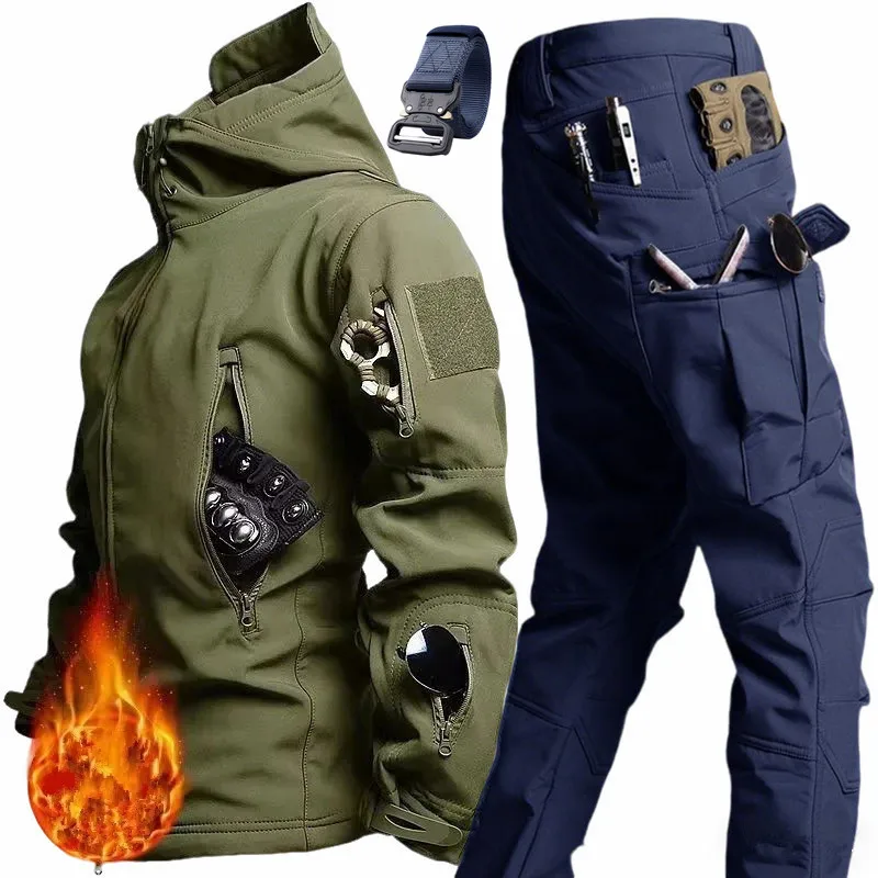 

Gift Belt Winter Thicken Men Suit Waterproof Tactical Training Set Multi-pocket Hooded Jacket Fleece Pants Outdoor Hunting