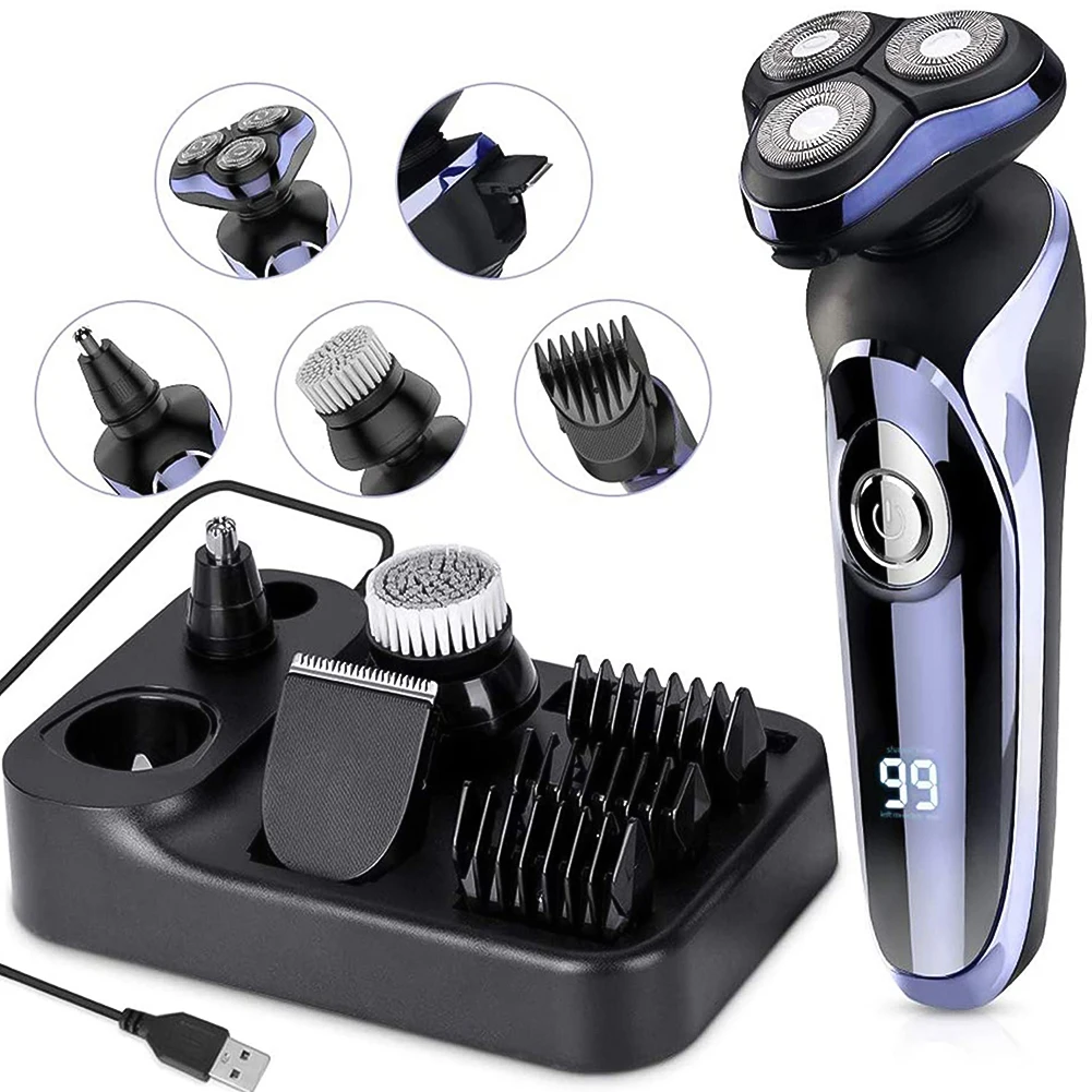 Barbeador elétrico 5 em 1 para homens Kit de aliciamento de cabeça flutuante 3D com aparador de nariz Escova facial recarregável por USB
