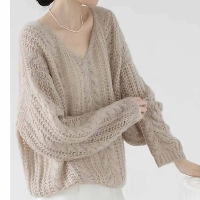 

Women French Lazy Style Early Autumn Thin Fashion Knit Sweater Female Solid Color V-neck Loose Fitting Knitwear Pullover Sweater