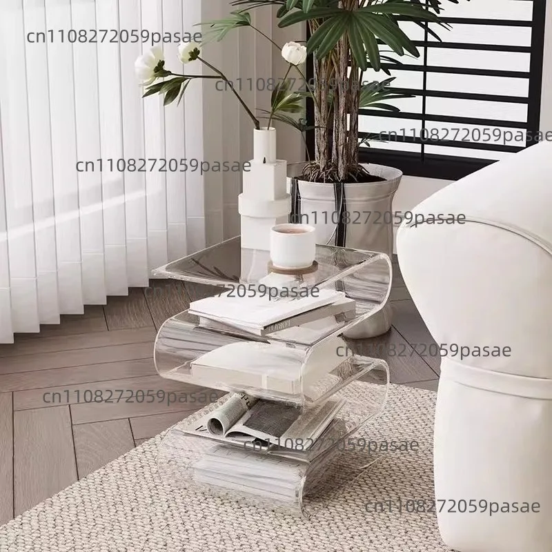 Clear Acrylic Side Table: Luxe-Chic Minimalist S-Shaped Storage Rack, Unique-Shaped Nightstand, Magazine Rack