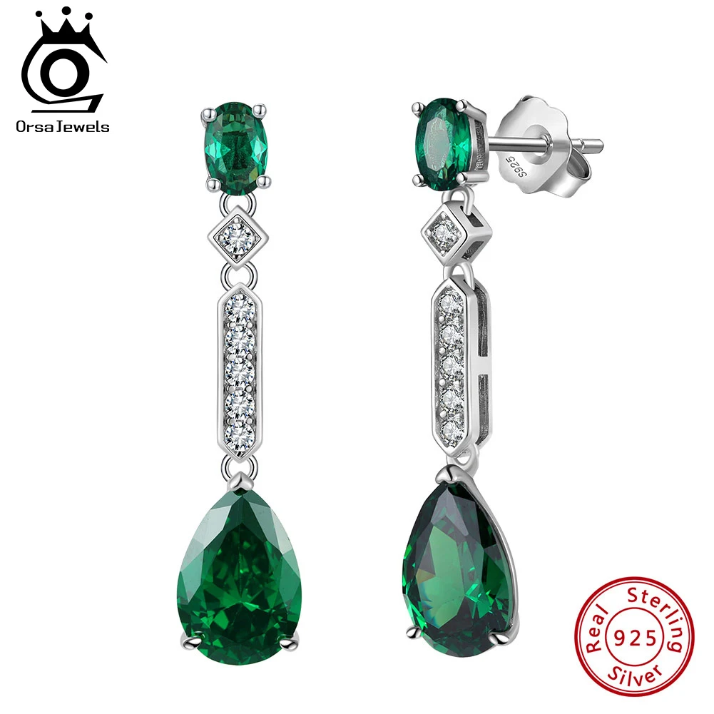 ORSA JEWELS oryginalne 925 srebro utworzono szmaragdowe kolczyki zwisające z rodem 5A wyczyść CZ dla kobiet biżuteria LZE31