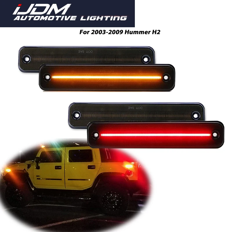 For 2003-2009 Hummer H2 Smoked Lens Front Amber / Rear Red LED Bumper Side Marker Lights Turn Signal Lights Fender Flare Lights