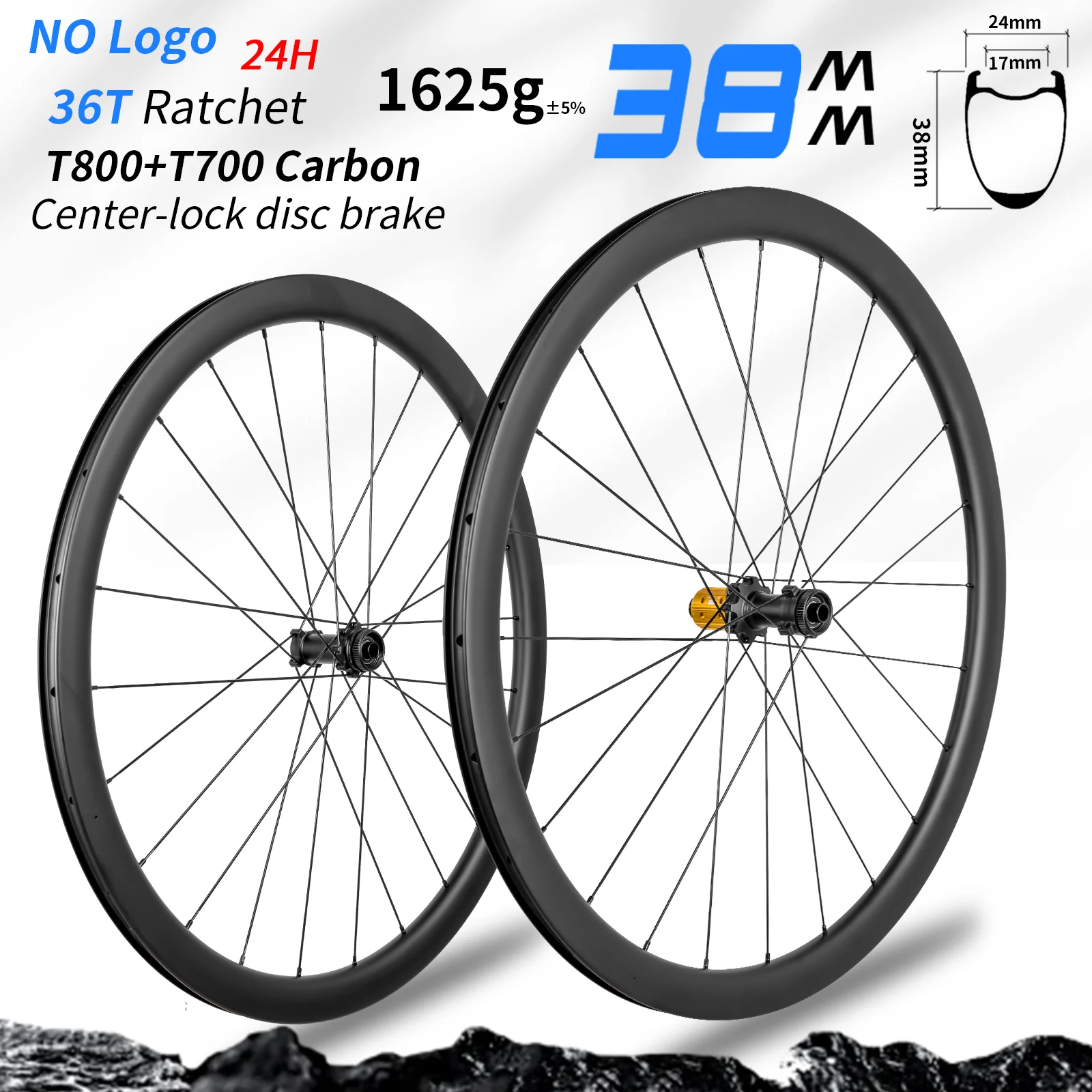 

KORE 38mm Carbon Road Wheelset 1625g T800+T700 Rim 24H 36T Ratchet Hub HG/XDR Thru-Axle Center-Lock Disc Brake No Logo Wheels