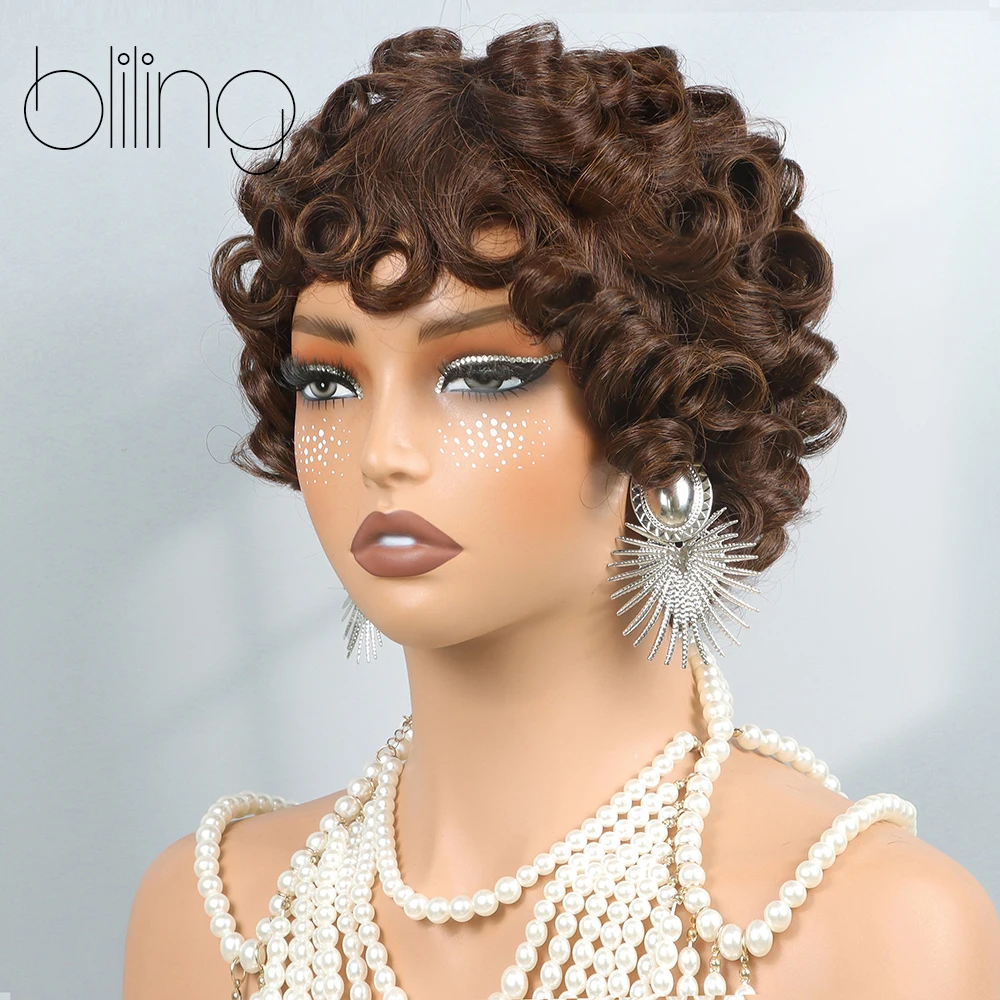 

Парик из натуральных волос с стрижкой пикси Шоколадно-коричневого цвета 4, короткие вьющиеся стильные летние бесклеевые короткие многослойные вьющиеся парики с челкой