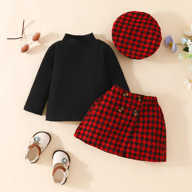 Toddler Baby Girl Fall Outfit Ribbed Knit Long Sleeve Crewneck Tops Plaid T Mini Skirt Beret 3Pcs Clothes Set