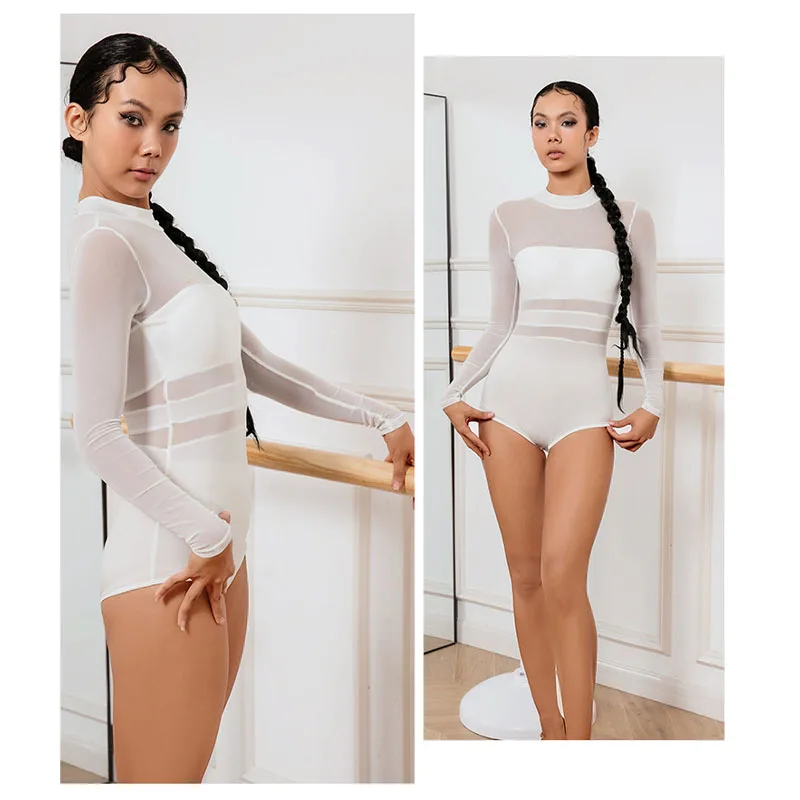 Small high neck hollow long sleeve jumpsuit with chest pad Latin dance costume for women adult training clothing
