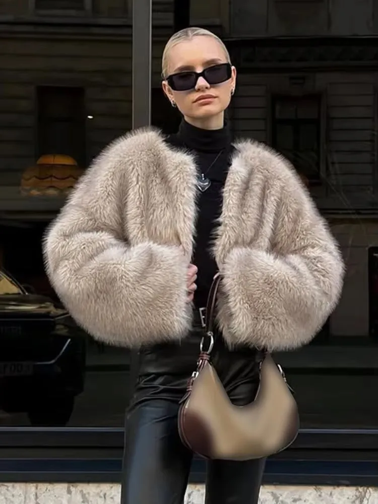 

HH Women Winter Elegant O-neck Faux Fur Cropped Coat Fashion Long Sleeve Fuzzy Warm Jackets Female Casual Outerwear