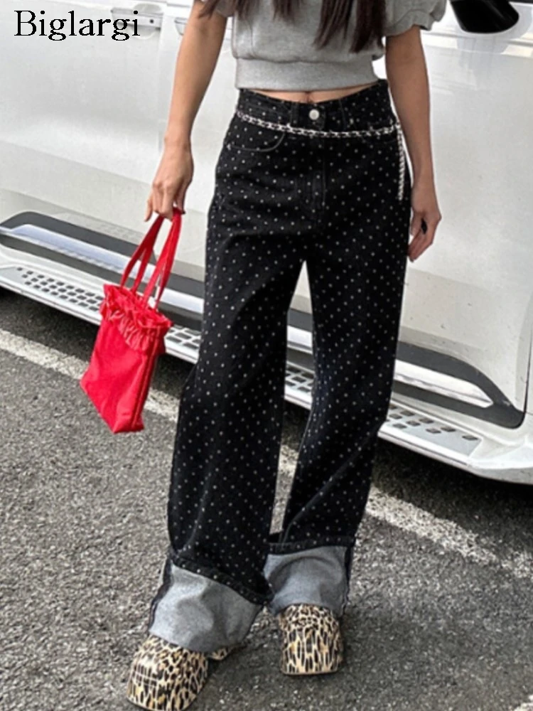 

Jeans Retro Autumn Long Wide Leg Pant Women Polka Dot Print Fashion Loose Ladies Trousers Wide Leg Korean Style Woman Pants