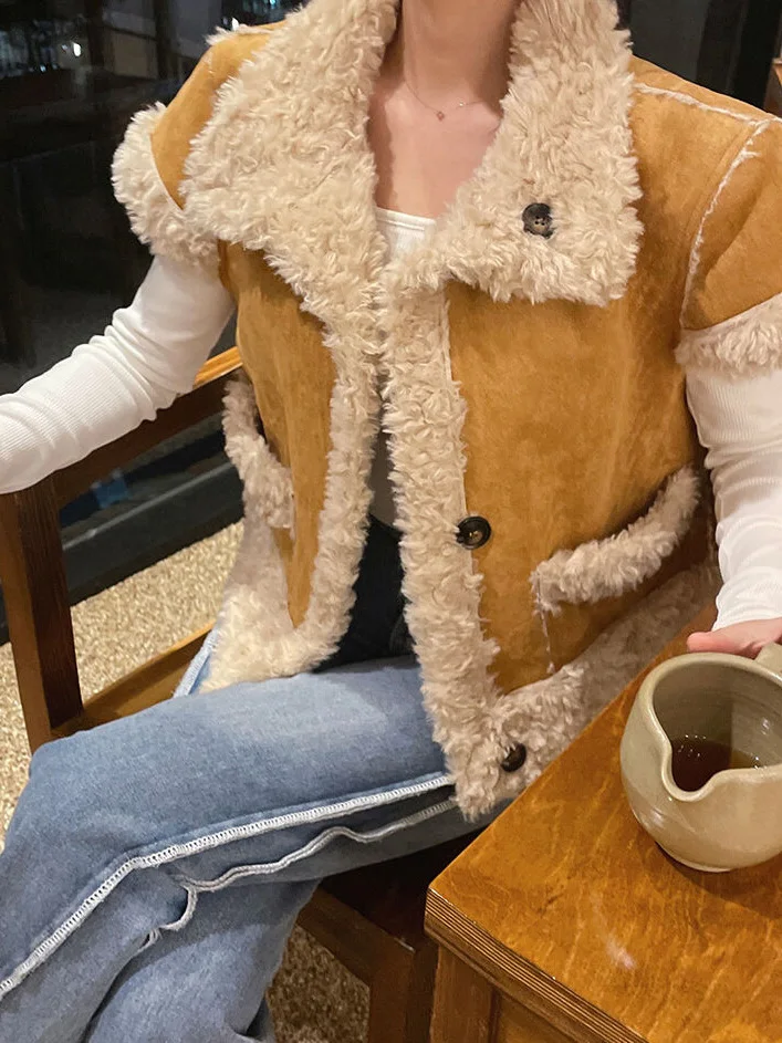 

Цветная блузка в стиле ретро с пушистым воротником ort Sve Lamb Velvet Vest Jaet, женская модная полиэстеровая жилетка свободного покроя, теплая повседневная одежда