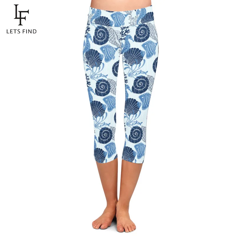 LETSFIND Summer New 3D Shells Seahorses and Corals Printing Capri Leggings High Waist Slim Fitness Mid-Calf Leggings