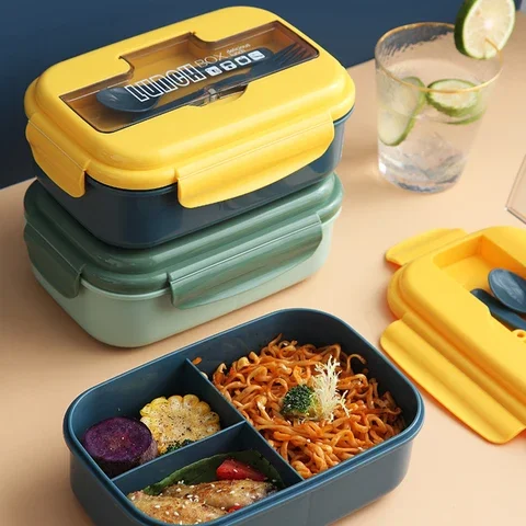 Student Lunch Box with Fork Spoon, Leak-Proof Food Container, Storage Wheat Straw Material, Breakfast Bento Box, Japanese Style