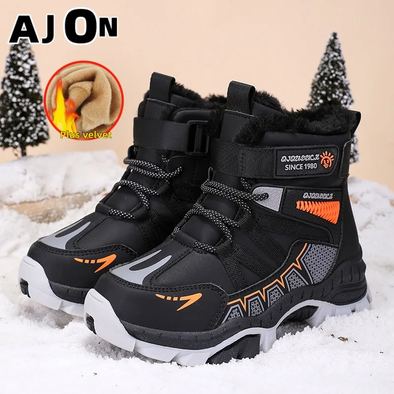 

Детские уличные нескользящие зимние походные ботинки с высоким берцем, теплая плюшевая спортивная обувь для мальчиков, удобные ботильоны, размер 30-40.